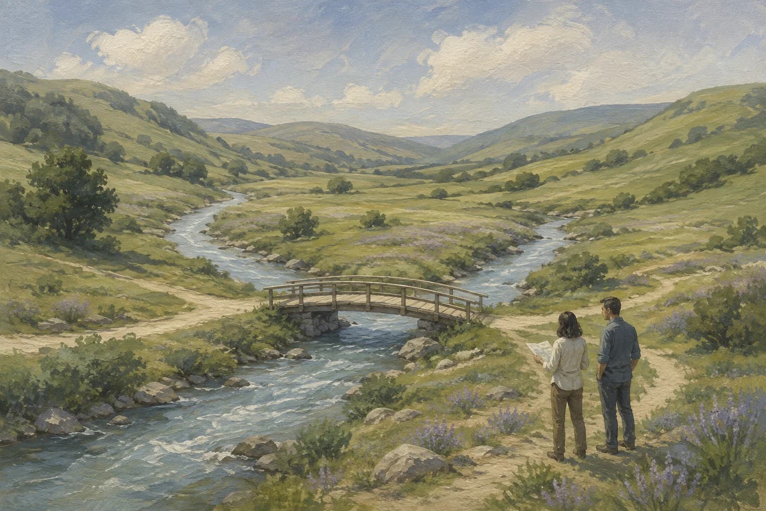 Two people studying a plan beside a bridge where two streams meet.