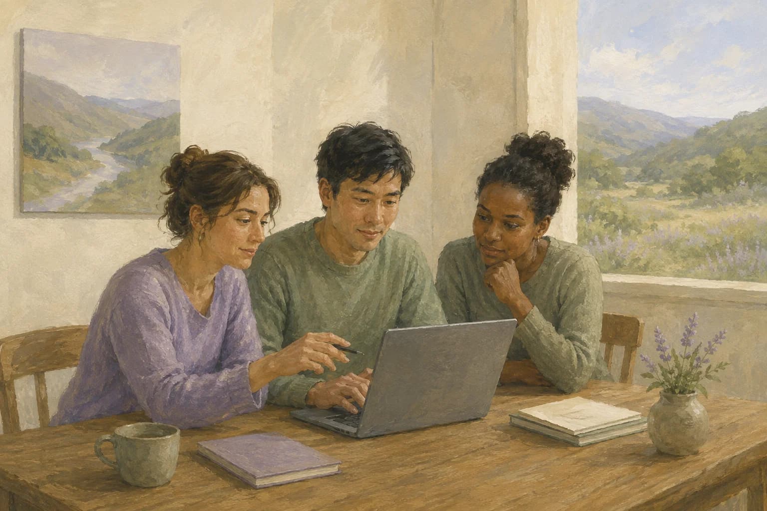 Three people learning together around a laptop.