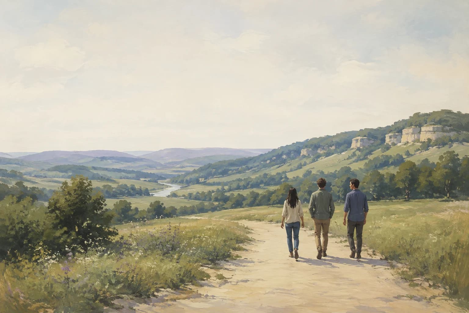 Three people walking together along a path into a green river valley.